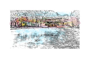 Print Building view with landmark of Lille is the city in France. Vektörde elle çizilmiş resim ile suluboya sıçraması.