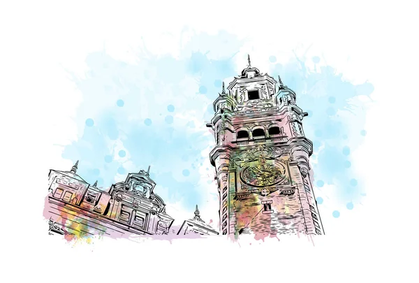 Print Building View Landmark Lille City France Watercolor Splash Hand — Stock Vector