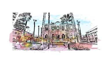 Limasol 'un simgesi olan Print Building view Kıbrıs Rum Kesimi' nde yer almaktadır. Vektörde elle çizilmiş resim ile suluboya sıçraması.