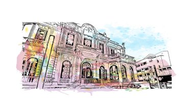 Limasol 'un simgesi olan Print Building view Kıbrıs Rum Kesimi' nde yer almaktadır. Vektörde elle çizilmiş resim ile suluboya sıçraması.