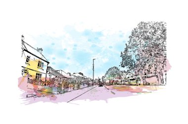 Print Building view with landmark of Limerick, İrlanda Cumhuriyeti 'nin en büyük şehridir. Vektörde elle çizilmiş resim ile suluboya sıçraması. 