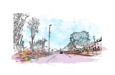 Print Building view with landmark of Limerick, İrlanda Cumhuriyeti 'nin en büyük şehridir. Vektörde elle çizilmiş resim ile suluboya sıçraması. 