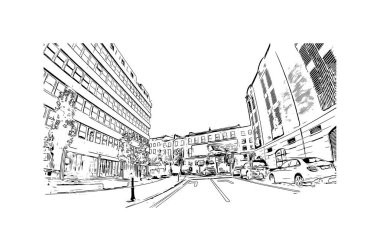 Print Building view with landmark of Limerick, İrlanda Cumhuriyeti 'nin en büyük şehridir. Vektörde elle çizilmiş çizim çizimi. 