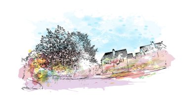 Print Building view with landmark of Limerick, İrlanda Cumhuriyeti 'nin en büyük şehridir. Vektörde elle çizilmiş resim ile suluboya sıçraması. 