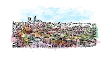 Lincoln 'ün dönüm noktası olan Print Building Manzarası Oregon' daki şehir. Vektörde elle çizilmiş resim ile suluboya sıçraması.