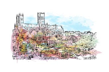 Lincoln 'ün dönüm noktası olan Print Building Manzarası Oregon' daki şehir. Vektörde elle çizilmiş resim ile suluboya sıçraması.