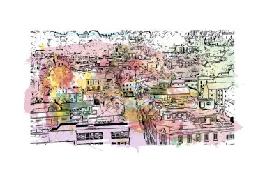 Lincoln 'ün dönüm noktası olan Print Building Manzarası Oregon' daki şehir. Vektörde elle çizilmiş resim ile suluboya sıçraması.