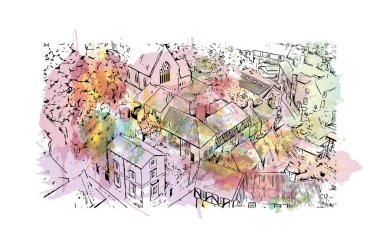 Lincoln 'ün dönüm noktası olan Print Building Manzarası Oregon' daki şehir. Vektörde elle çizilmiş resim ile suluboya sıçraması.