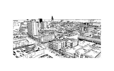 Lincoln 'ün dönüm noktası olan Print Building View, Nebraska' nın başkentidir. Vektörde elle çizilmiş çizim çizimi.