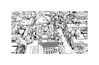 Lincoln 'ün dönüm noktası olan Print Building View, Nebraska' nın başkentidir. Vektörde elle çizilmiş çizim çizimi.