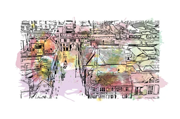 Print Building View Landmark Lincoln Staden Oregon Akvarell Stänk Med — Stock vektor