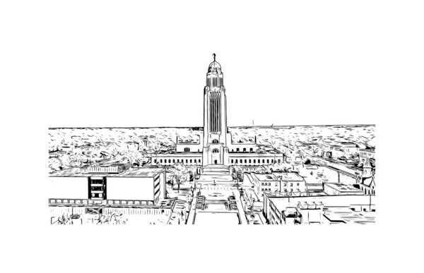 Print Building View Landmark Lincoln Capital City Nebraska Hand Drawn — Stock Vector
