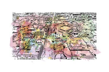 Lincoln 'ün dönüm noktası olan Print Building View, Nebraska' nın başkentidir. Vektörde elle çizilmiş resim ile suluboya sıçraması.