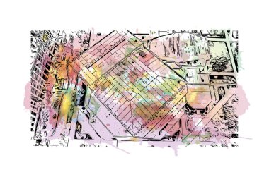 Lincoln 'ün dönüm noktası olan Print Building View, Nebraska' nın başkentidir. Vektörde elle çizilmiş resim ile suluboya sıçraması.