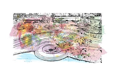 Lincoln 'ün dönüm noktası olan Print Building View, Nebraska' nın başkentidir. Vektörde elle çizilmiş resim ile suluboya sıçraması.