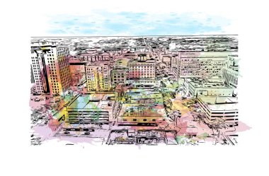 Lincoln 'ün dönüm noktası olan Print Building View, Nebraska' nın başkentidir. Vektörde elle çizilmiş resim ile suluboya sıçraması.