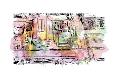 Lincoln 'ün dönüm noktası olan Print Building View, Nebraska' nın başkentidir. Vektörde elle çizilmiş resim ile suluboya sıçraması.