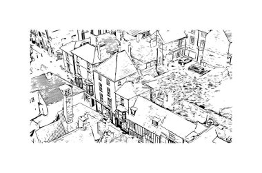 Lincoln 'ün dönüm noktası olan Print Building Manzarası Oregon' daki şehir. Vektörde elle çizilmiş çizim çizimi.