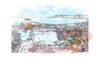 Print Building view, Yunanistan 'ın Rodos adasında yer alan bir şehirdir. Vektörde elle çizilmiş resim ile suluboya sıçraması.