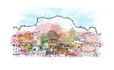 Print Building view, Yunanistan 'ın Rodos adasında yer alan bir şehirdir. Vektörde elle çizilmiş resim ile suluboya sıçraması.