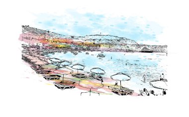 Print Building view, Yunanistan 'ın Rodos adasında yer alan bir şehirdir. Vektörde elle çizilmiş resim ile suluboya sıçraması.