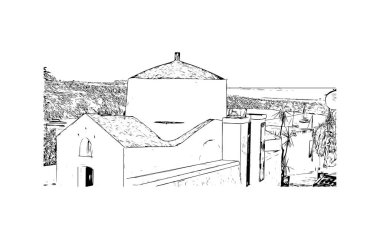 Print Building view, Yunanistan 'ın Rodos adasında yer alan bir şehirdir. Vektörde elle çizilmiş çizim çizimi.
