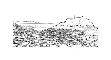 Print Building view, Yunanistan 'ın Rodos adasında yer alan bir şehirdir. Vektörde elle çizilmiş çizim çizimi.