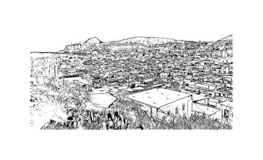 Print Building view, Yunanistan 'ın Rodos adasında yer alan bir şehirdir. Vektörde elle çizilmiş çizim çizimi.