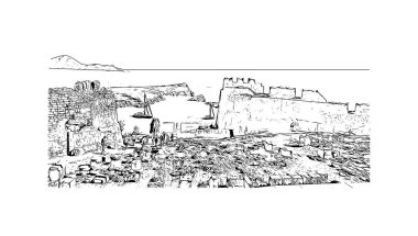 Print Building view, Yunanistan 'ın Rodos adasında yer alan bir şehirdir. Vektörde elle çizilmiş çizim çizimi.
