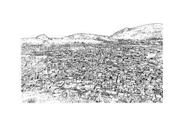 Print Building view, Yunanistan 'ın Rodos adasında yer alan bir şehirdir. Vektörde elle çizilmiş çizim çizimi.