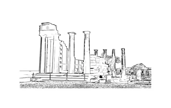 林多斯的标志性建筑是希腊罗得岛上的一个城镇 矢量手绘草图 — 图库矢量图片