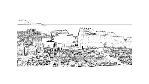 Drukuj Widok Budynku Znakiem Rozpoznawczym Lindos Miasto Greckiej Wyspie Rodos — Wektor stockowy