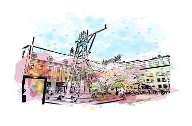 Print Building view with landmark of Linz is the city in Austria. Vektörde elle çizilmiş resim ile suluboya sıçraması.