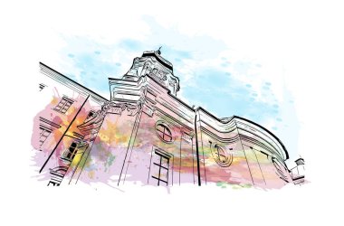 Print Building view with landmark of Linz is the city in Austria. Vektörde elle çizilmiş resim ile suluboya sıçraması.