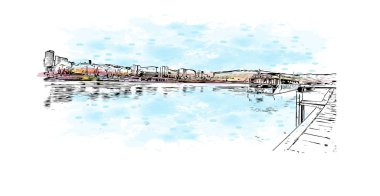 Print Building view with landmark of Linz is the city in Austria. Vektörde elle çizilmiş resim ile suluboya sıçraması.