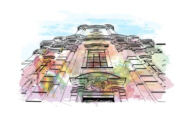 Print Building view with landmark of Linz is the city in Austria. Vektörde elle çizilmiş resim ile suluboya sıçraması.