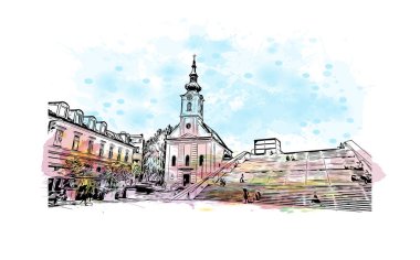 Print Building view with landmark of Linz is the city in Austria. Vektörde elle çizilmiş resim ile suluboya sıçraması.