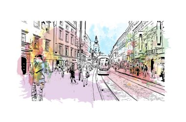 Print Building view with landmark of Linz is the city in Austria. Vektörde elle çizilmiş resim ile suluboya sıçraması.