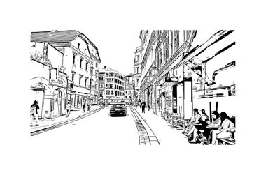 Print Building view with landmark of Linz is the city in Austria. Vektörde elle çizilmiş çizim çizimi.