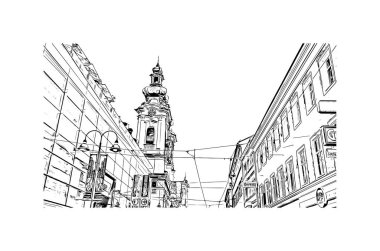 Print Building view with landmark of Linz is the city in Austria. Vektörde elle çizilmiş çizim çizimi.