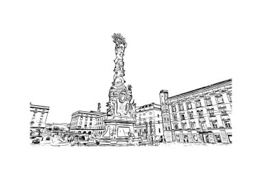 Print Building view with landmark of Linz is the city in Austria. Vektörde elle çizilmiş çizim çizimi.