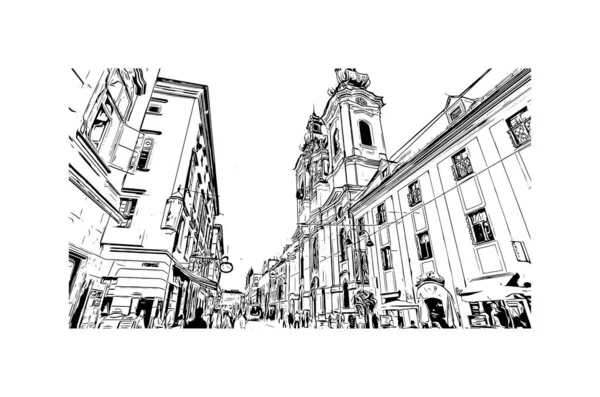 Imprimir Vista Del Edificio Con Hito Linz Ciudad Austria Dibujo — Vector de stock