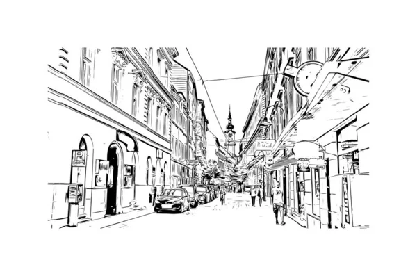 Print Vue Sur Bâtiment Avec Point Repère Linz Est Ville — Image vectorielle