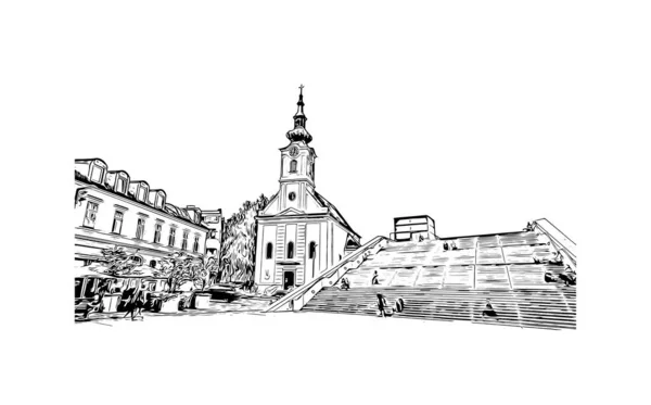 Imprimir Vista Del Edificio Con Hito Linz Ciudad Austria Dibujo — Archivo Imágenes Vectoriales