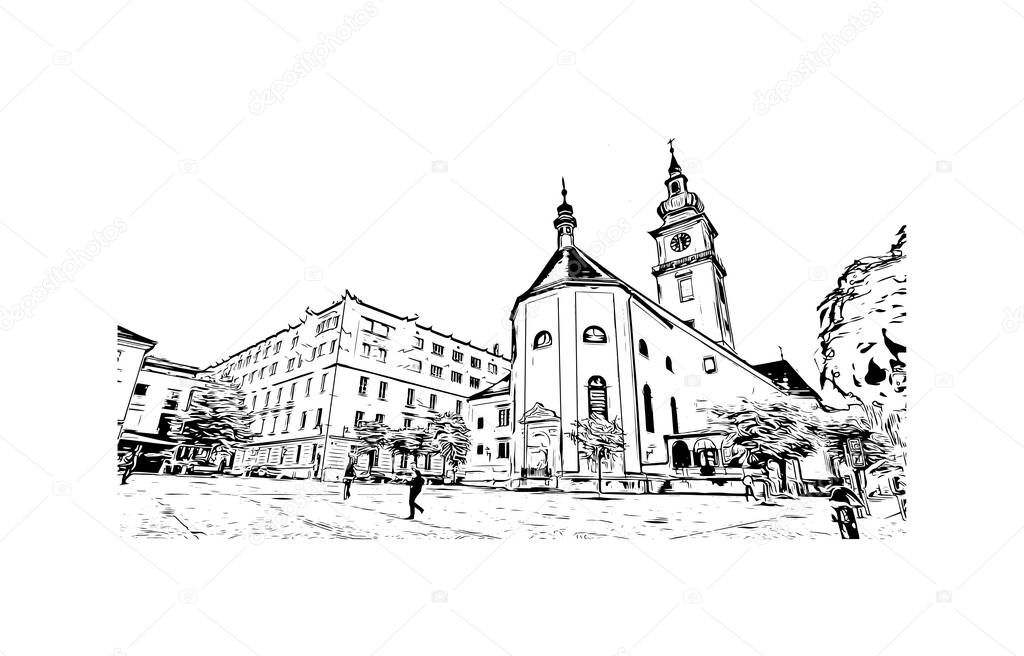 Print Building view with landmark of Linz is the city in Austria. Hand drawn sketch illustration in vector.