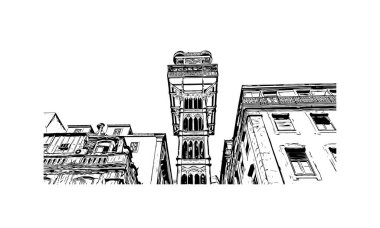 Print Building view with Landmark of Lisbon, Portekiz 'in başkentidir. Vektörde elle çizilmiş çizim çizimi.