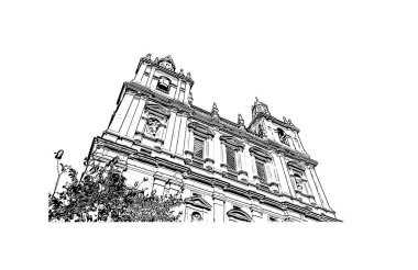 Print Building view with Landmark of Lisbon, Portekiz 'in başkentidir. Vektörde elle çizilmiş çizim çizimi.