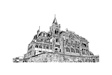 Print Building view with Landmark of Lisbon, Portekiz 'in başkentidir. Vektörde elle çizilmiş çizim çizimi.