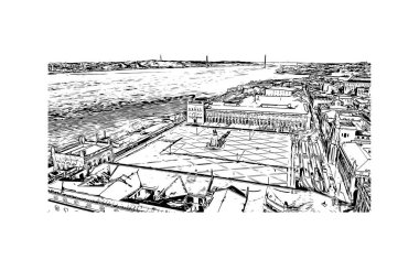 Print Building view with Landmark of Lisbon, Portekiz 'in başkentidir. Vektörde elle çizilmiş çizim çizimi.