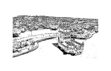 Print Building view with Landmark of Lisbon, Portekiz 'in başkentidir. Vektörde elle çizilmiş çizim çizimi.